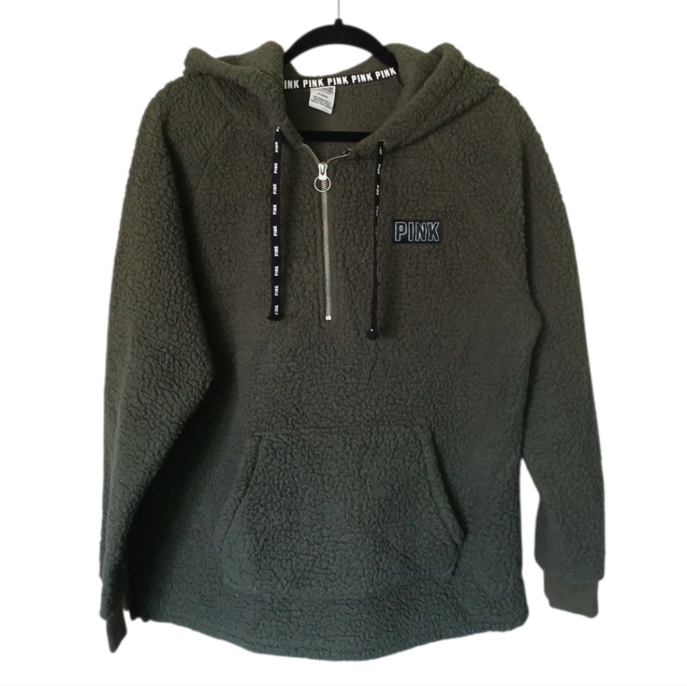 Victoria's Secret PINK Dark Green Sherpa Quarter Zip Pullover With Hood Medium
